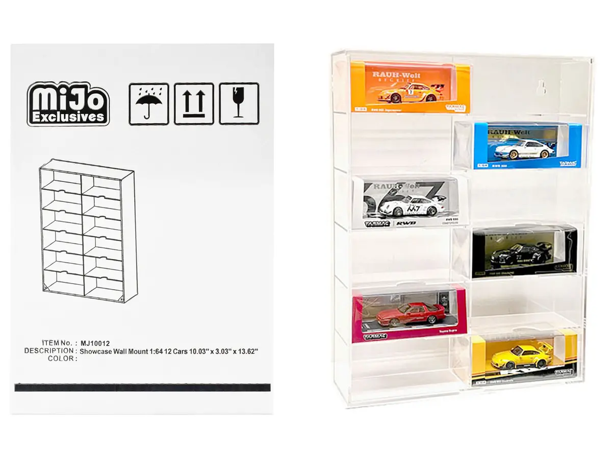 Acrylic 12 Car Display Case (Showcase Wall Mount With Clear Back Panel And Extra Space) "Mijo Exclusives" For 1/64 Scale Models 1
