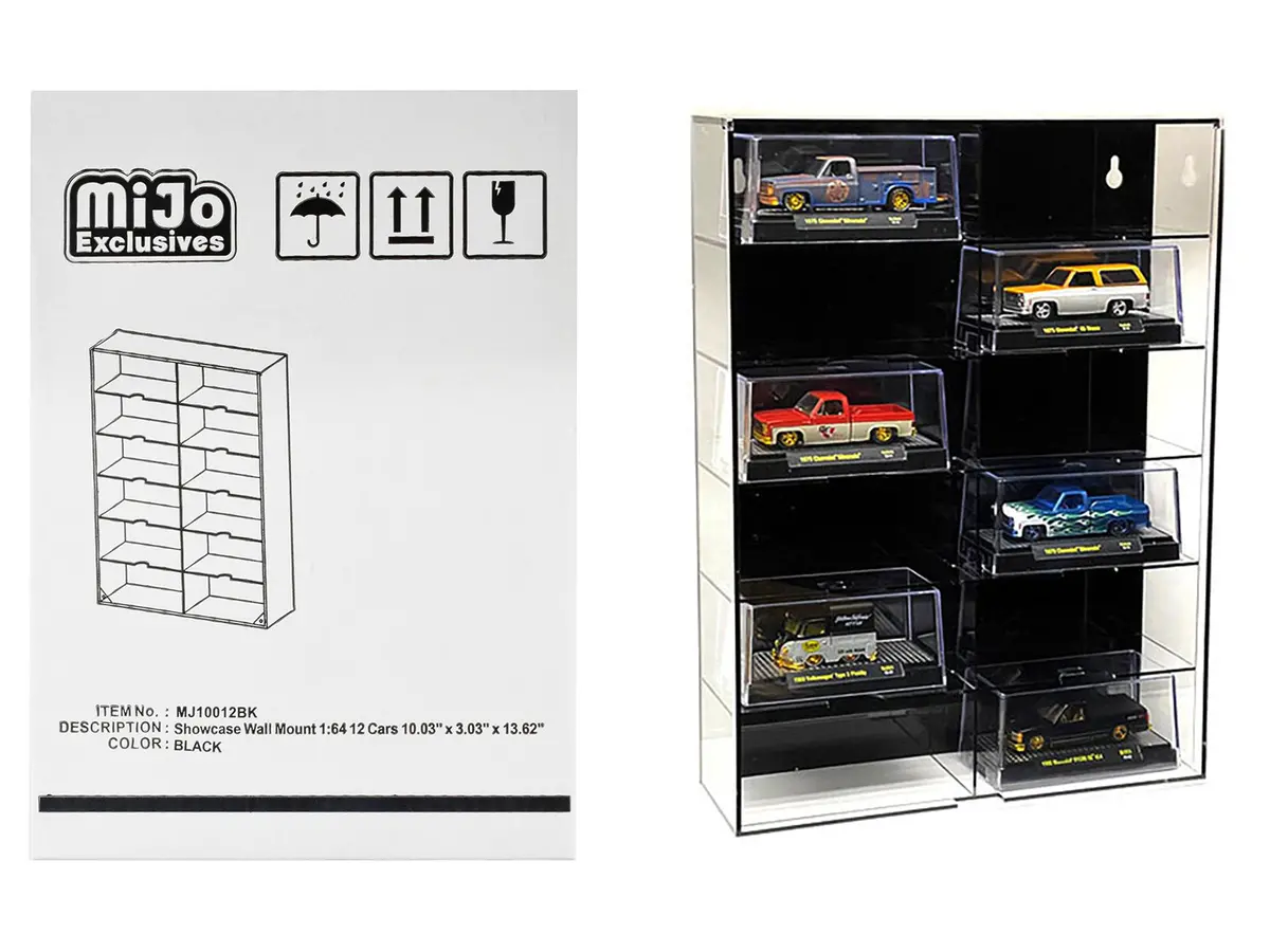 Acrylic 12 Car Display Case (Showcase Wall Mount With Black Back Panel And Extra Space) "Mijo Exclusives" For 1/64 Scale Models 1