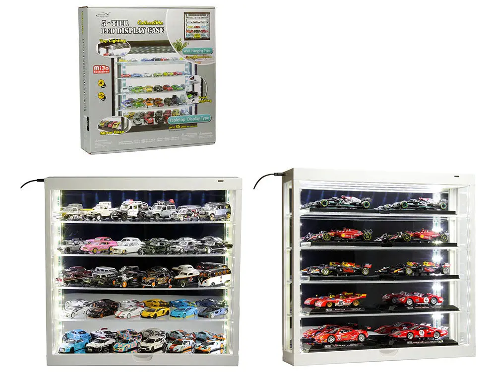 Showcase Wall Mount 5 Tier Display Case White With Mirror Back Panel "Mijo Exclusives" For 1/64-1/43 Scale Models 1