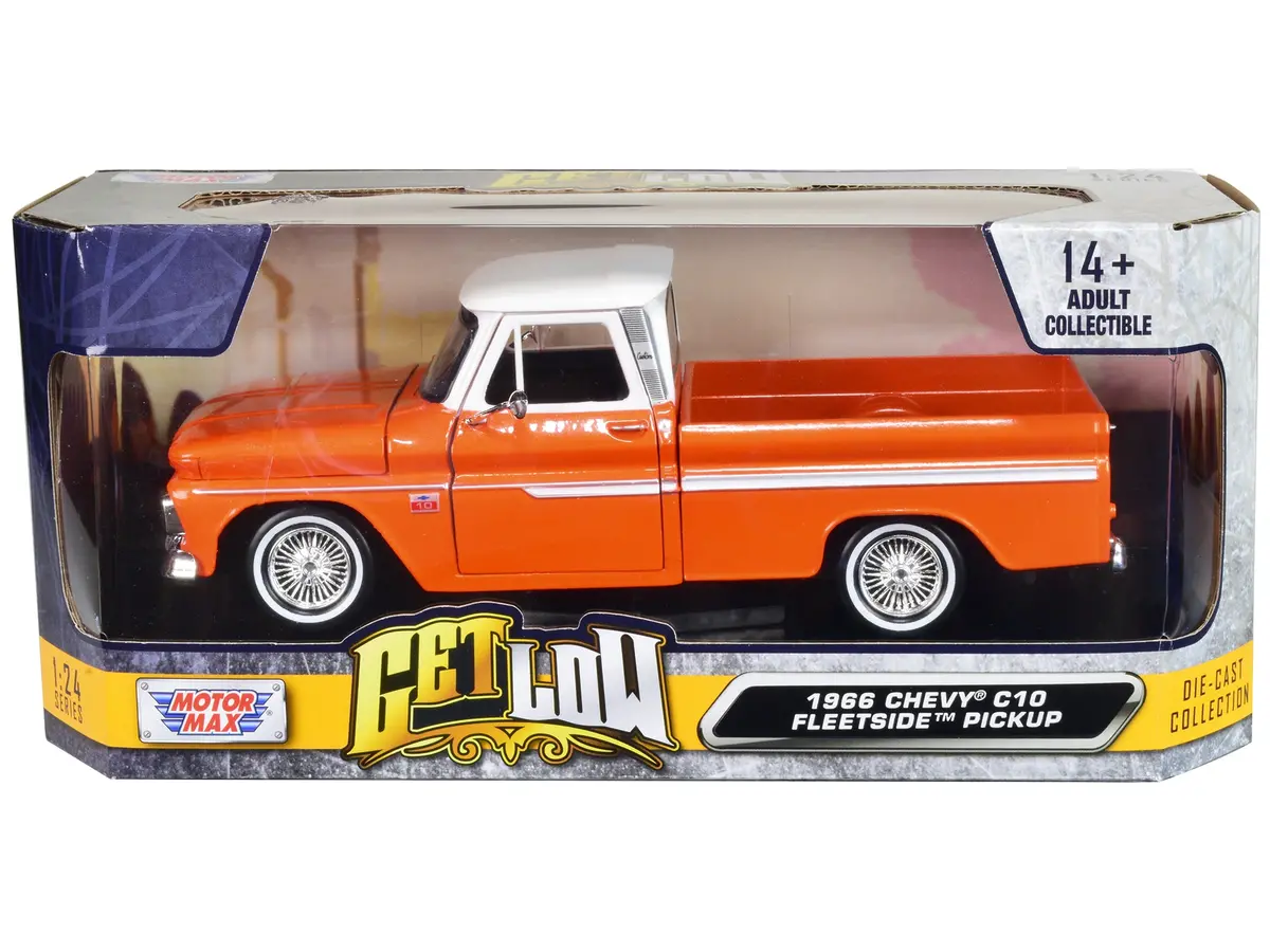 1966 Chevrolet C10 Fleetside Pickup Truck Lowrider Orange Metallic With White Top "Get Low" Series 1/24 Diecast Model By Motormax 1