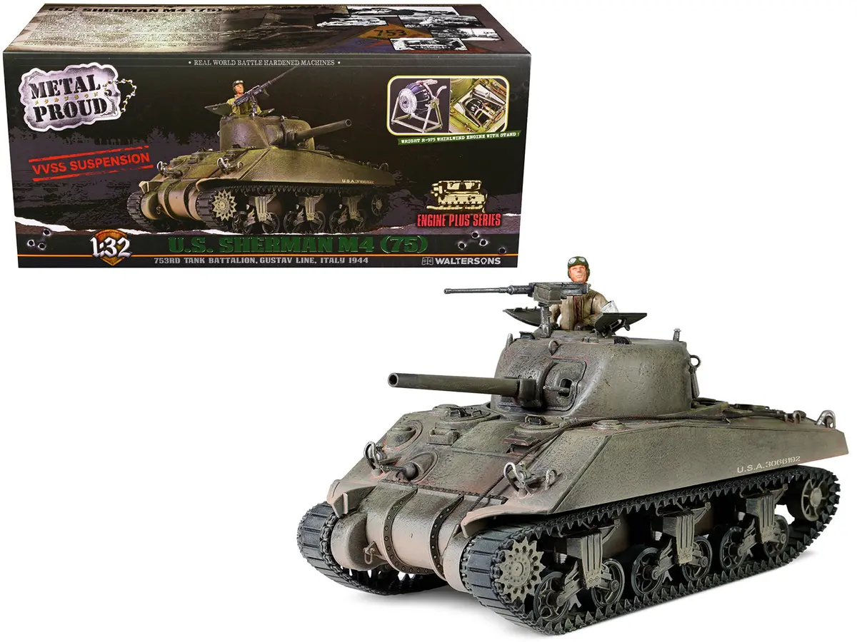 Sherman M4 (75) Medium Tank U.S. "753Th Tank Battalion Gustav Line Italy" (1944) "Engine Plus" Series 1/32 Diecast Model By Metal Proud 1