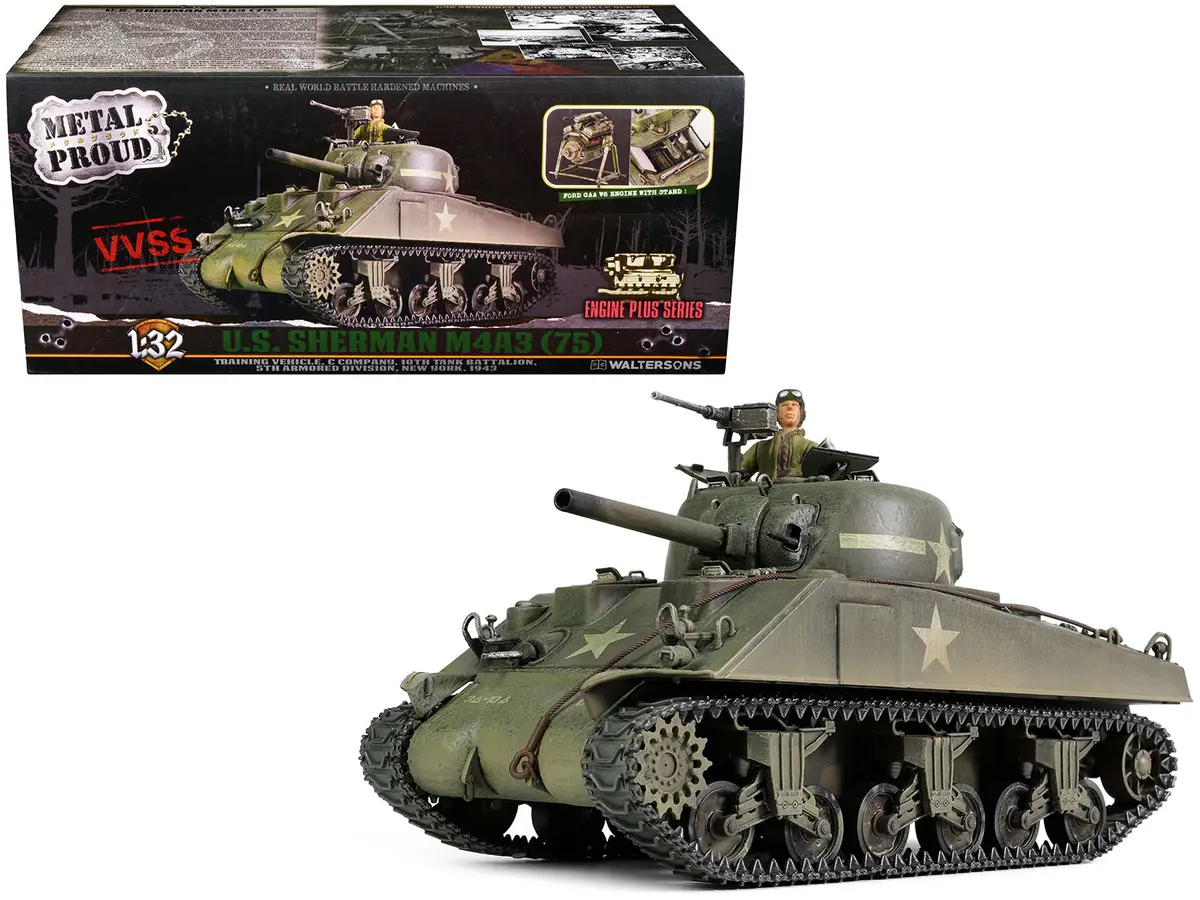 Sherman M4a3 (75) Medium Tank U.S. "Training Vehicle C Company 10Th Tank Battalion 5Th Armored Division New York" (1943) "Engine Plus" Series 1/32 Diecast Model By Metal Proud 1