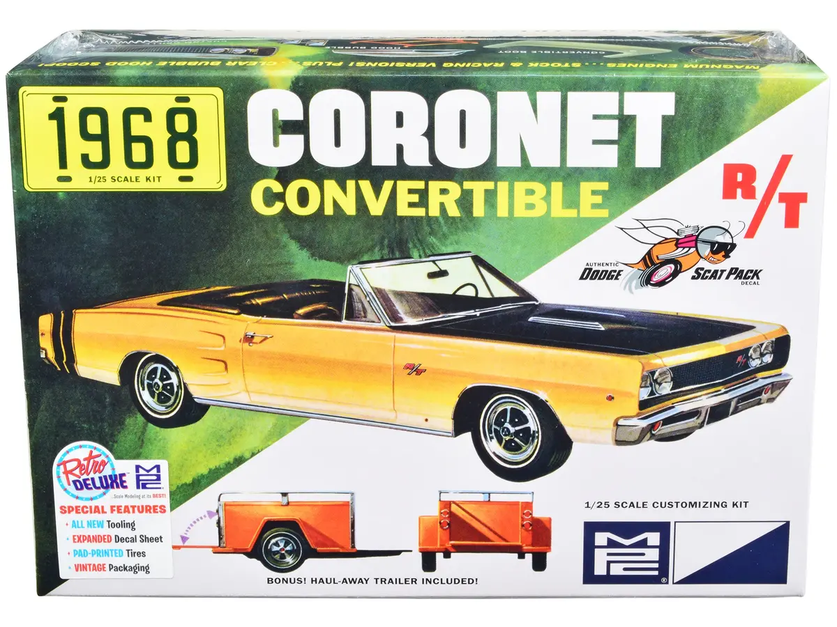1968 Dodge Coronet R/T Convertible With Haul-Away Trailer Plastic Model Kit (Skill Level 2) 1/25 Scale Model By Mpc 1