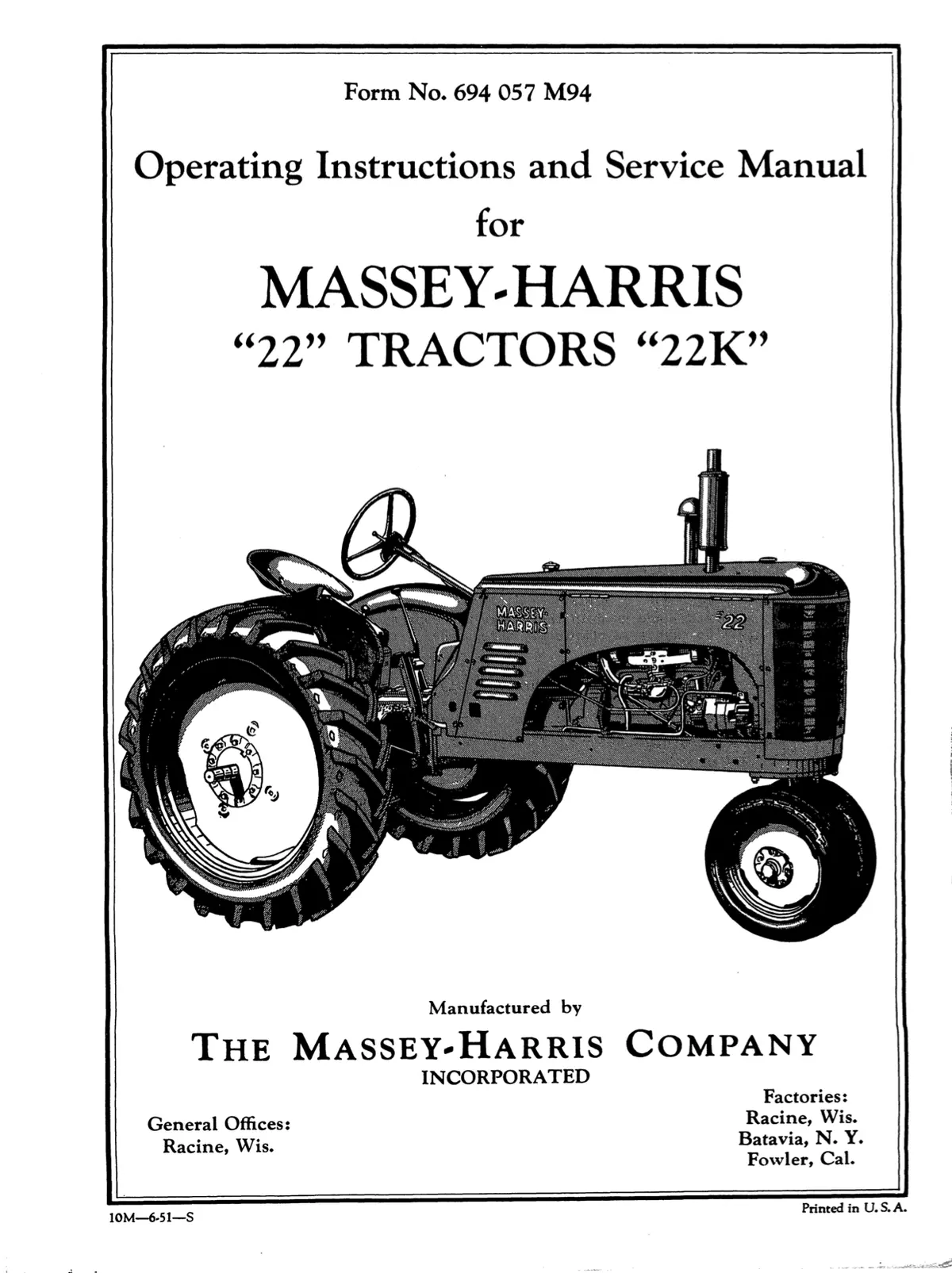 Massey-Harris "22" Tractors "22K" Operating Instructions And Service Manual 1