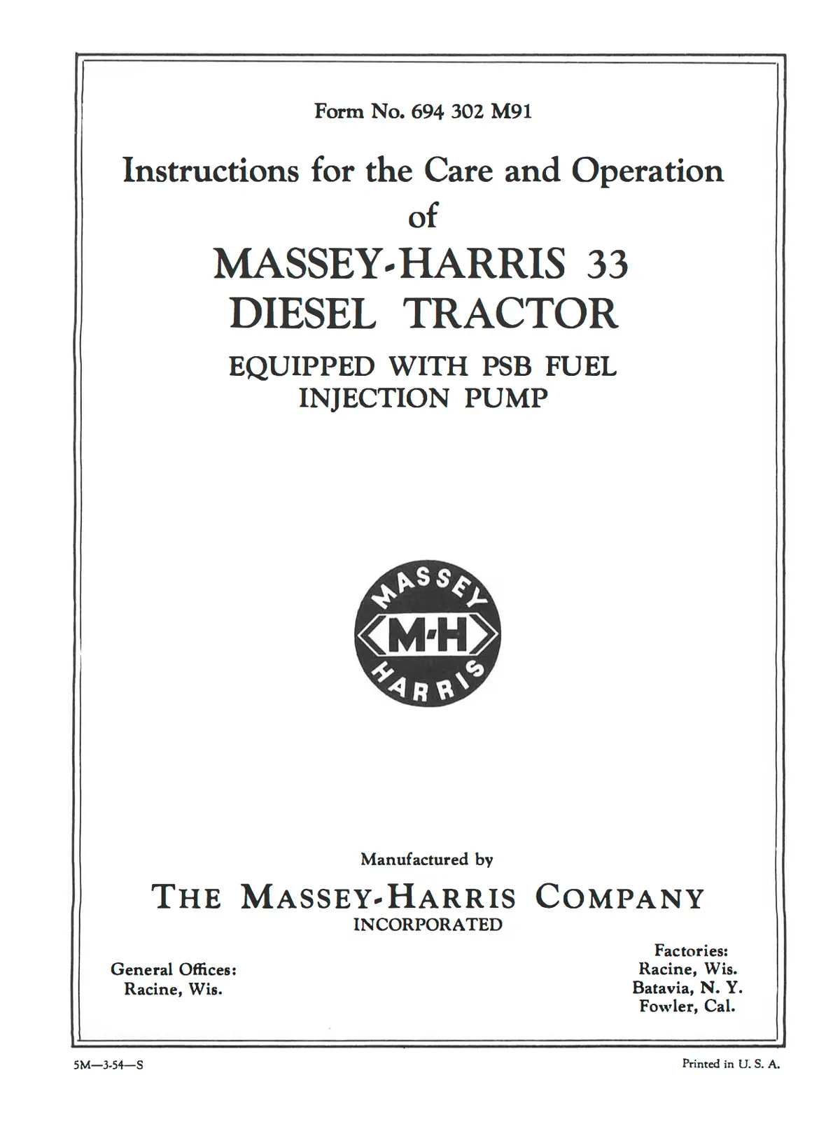 Massey-Harris 33 Diesel Tractors Instructions For Care And Operation 1