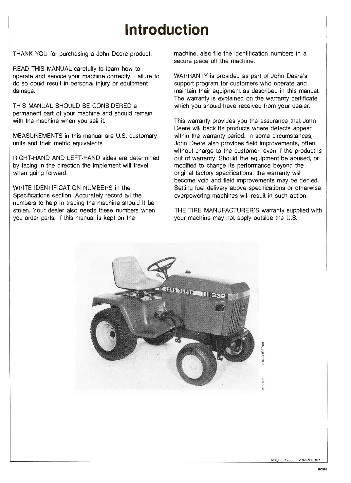 John Deere 332 Lawn And Garden Tractor Operator's Manual 2