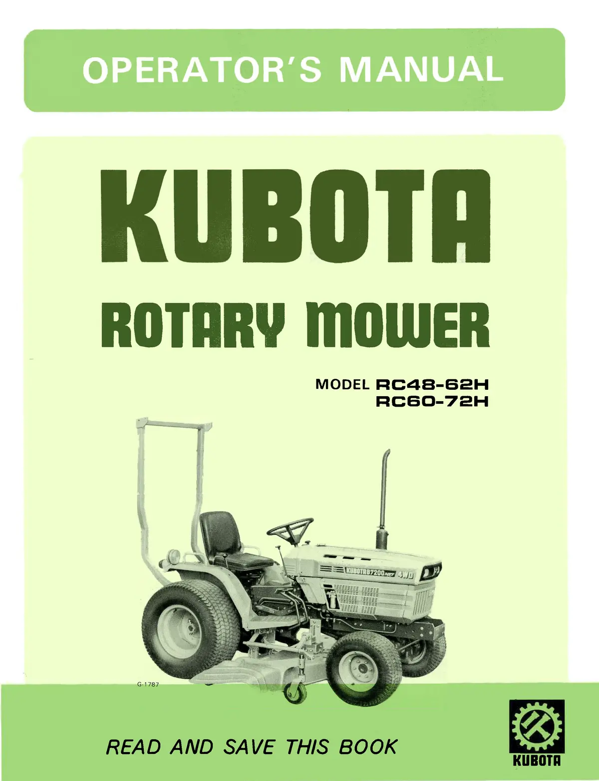 Kubota Rotary Mower Model Rc48-62H And Rc60-72H Operator's Manual 1