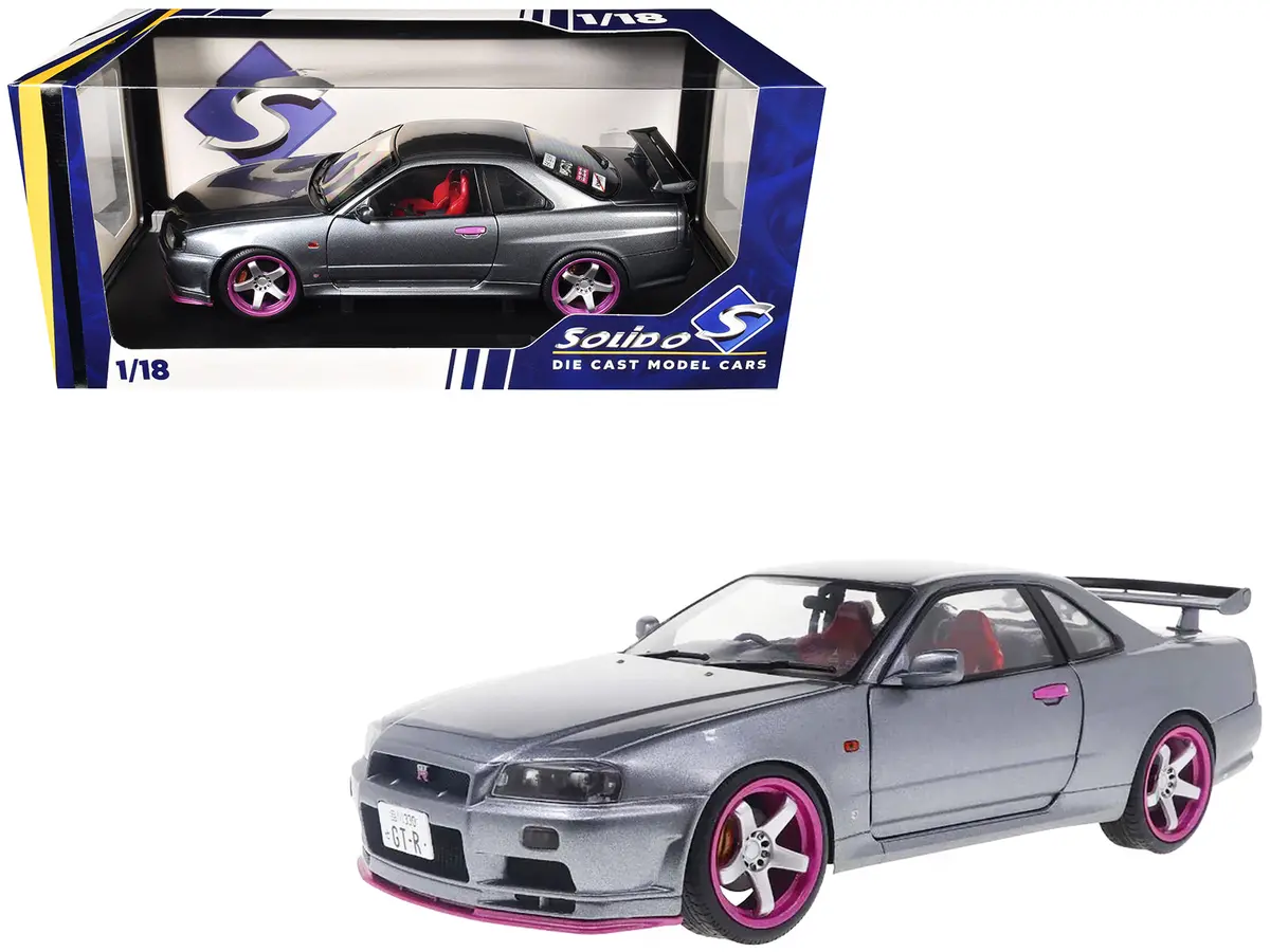 1999 Nissan Skyline Gt-R (R34) Rhd (Right Hand Drive) Silver Metallic With Purple Wheels 1/18 Diecast Model Car By Solido 1