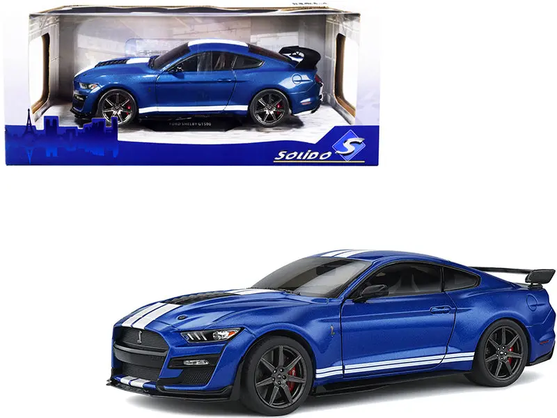 2020 Ford Mustang Shelby Gt500 Fast Track Ford Performance Blue Metallic With White Stripes 1/18 Diecast Model Car By Solido 1