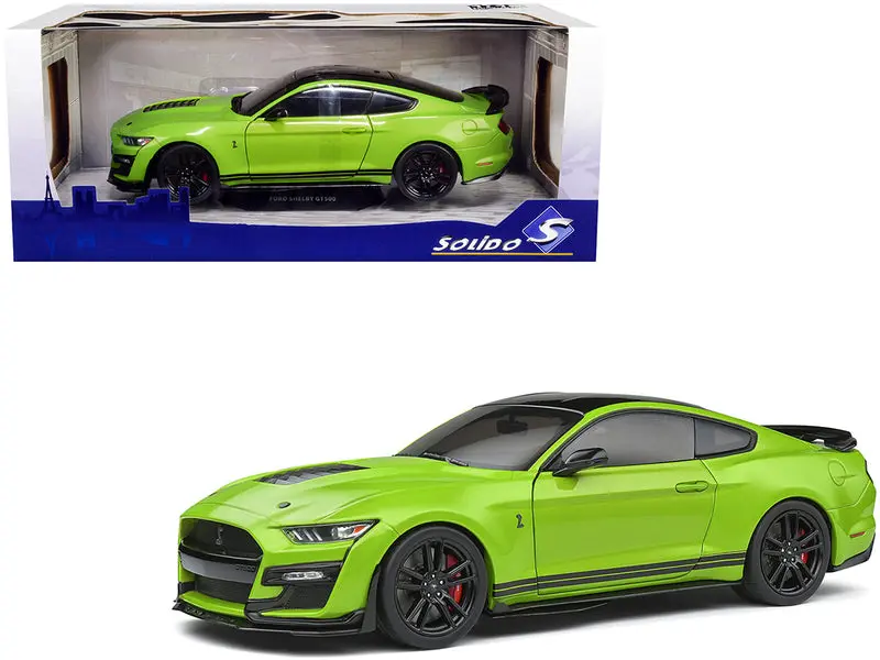 2020 Ford Mustang Shelby Gt500 Grabber Lime Green Metallic With Black Top And Stripes 1/18 Diecast Model Car By Solido 1