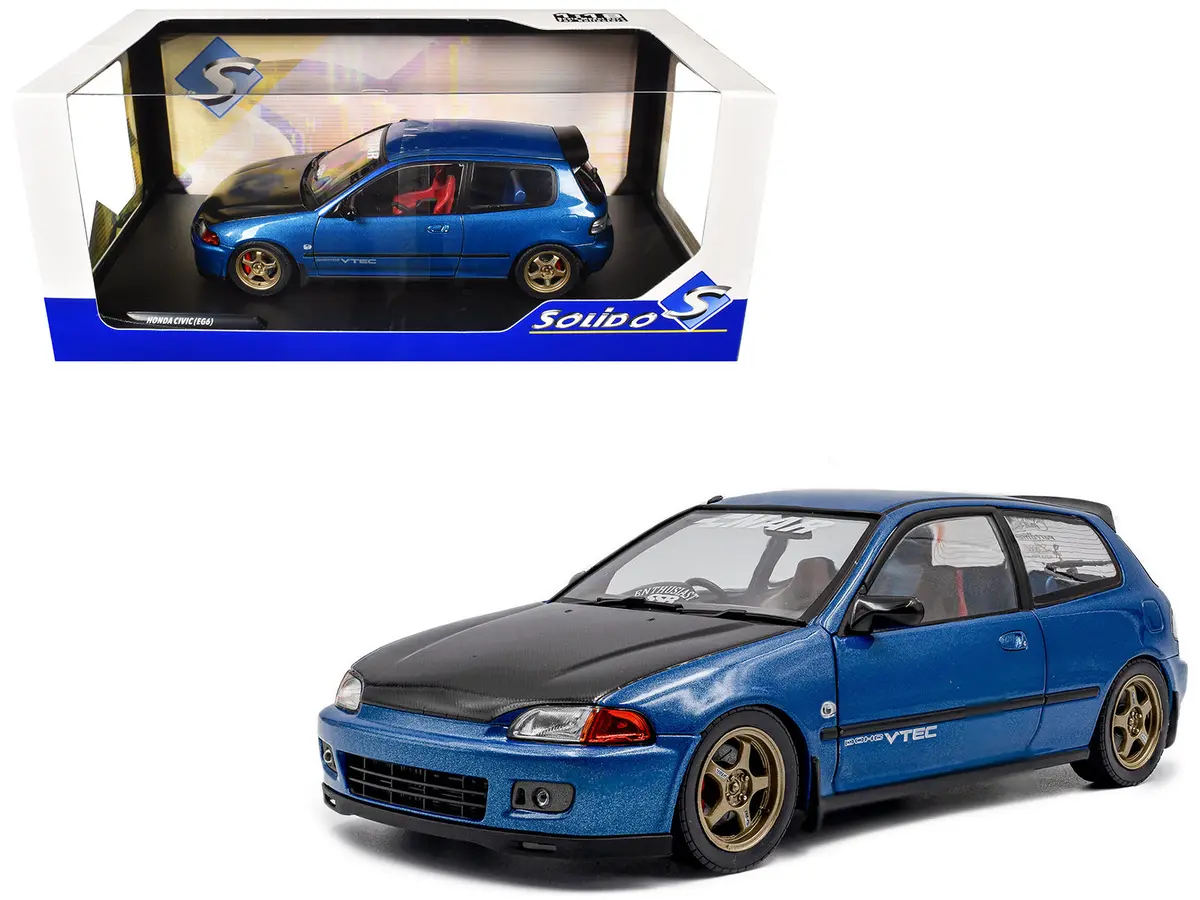 1991 Honda Civic (Eg6) Rhd (Right Hand Drive) "Nar" Cobalt Blue Metallic With Carbon Hood 1/18 Diecast Model Car By Solido 1