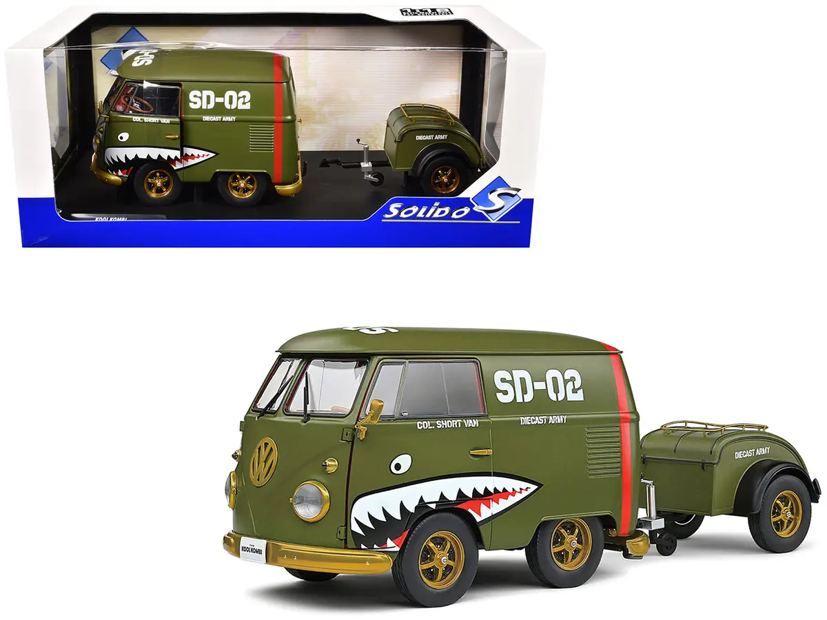 1950 Volkswagen Kool Kombi Van With Trailer "Army Fighter" Green With Graphics 1/18 Diecast Model By Solido 1
