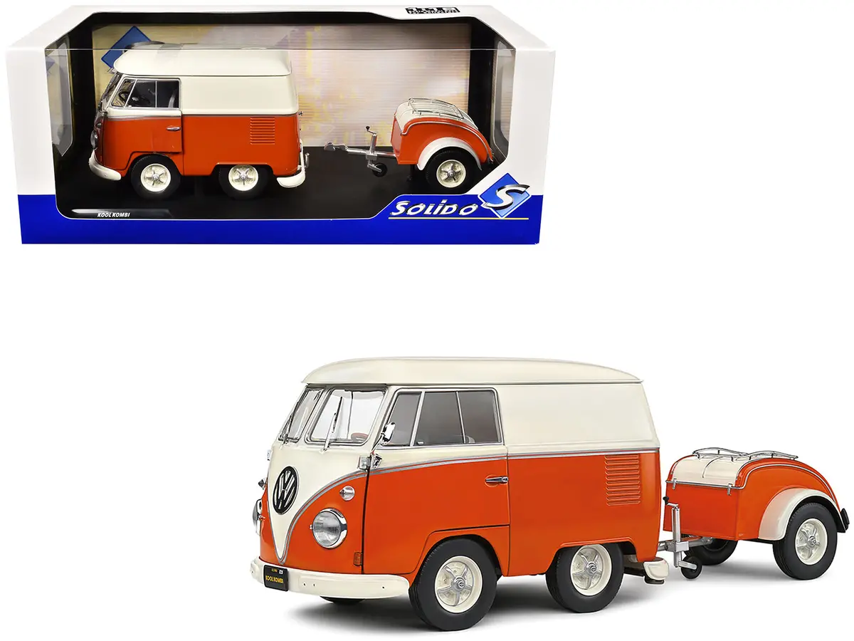 1950 Volkswagen Kool Kombi Van With Trailer Orange And White 1/18 Diecast Model By Solido 1