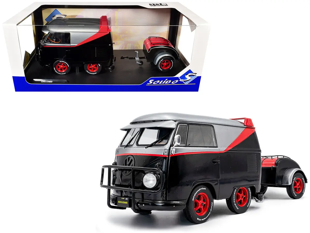 2024 Volkswagen Kool Kombi Sport Van With Trailer - Black And Silver With Red Stripe 1/18 Diecast Model By Solido 1