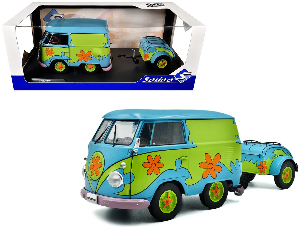 Volkswagen Kool Kombi Van With Trailer "Ghost Hunter" Blue And Green With Graphics 1/18 Diecast Model By Solido 1
