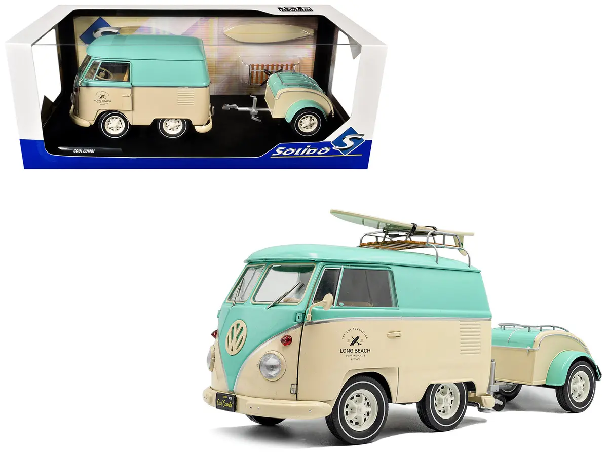 Volkswagen Cool Combi Van With Trailer "Long Beach Surfing Club" Mint Green And Cream With Roof Rack And Surfboard 1/18 Diecast Model By Solido 1