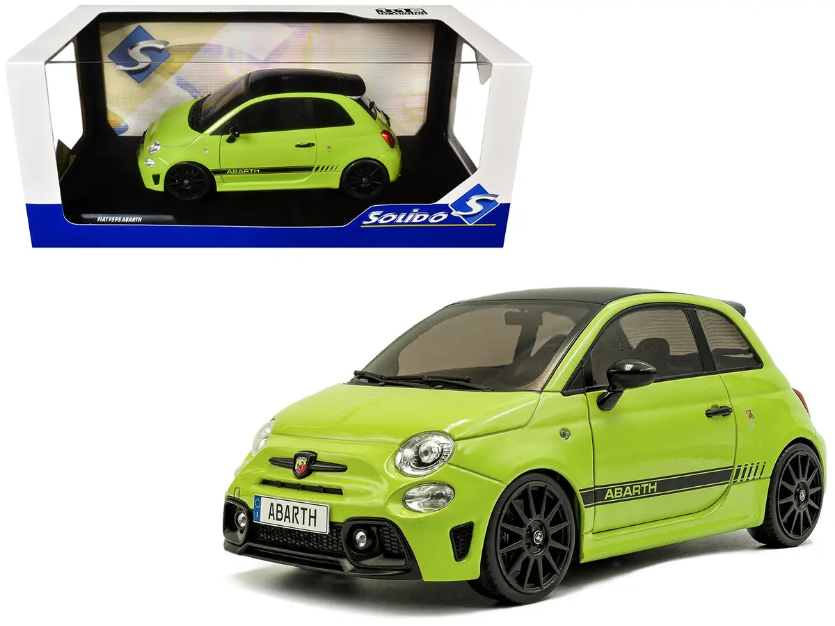 2023 Fiat F595 Abarth Verde Adrenalina Green With Black Top And Stripes 1/18 Diecast Model Car By Solido 1