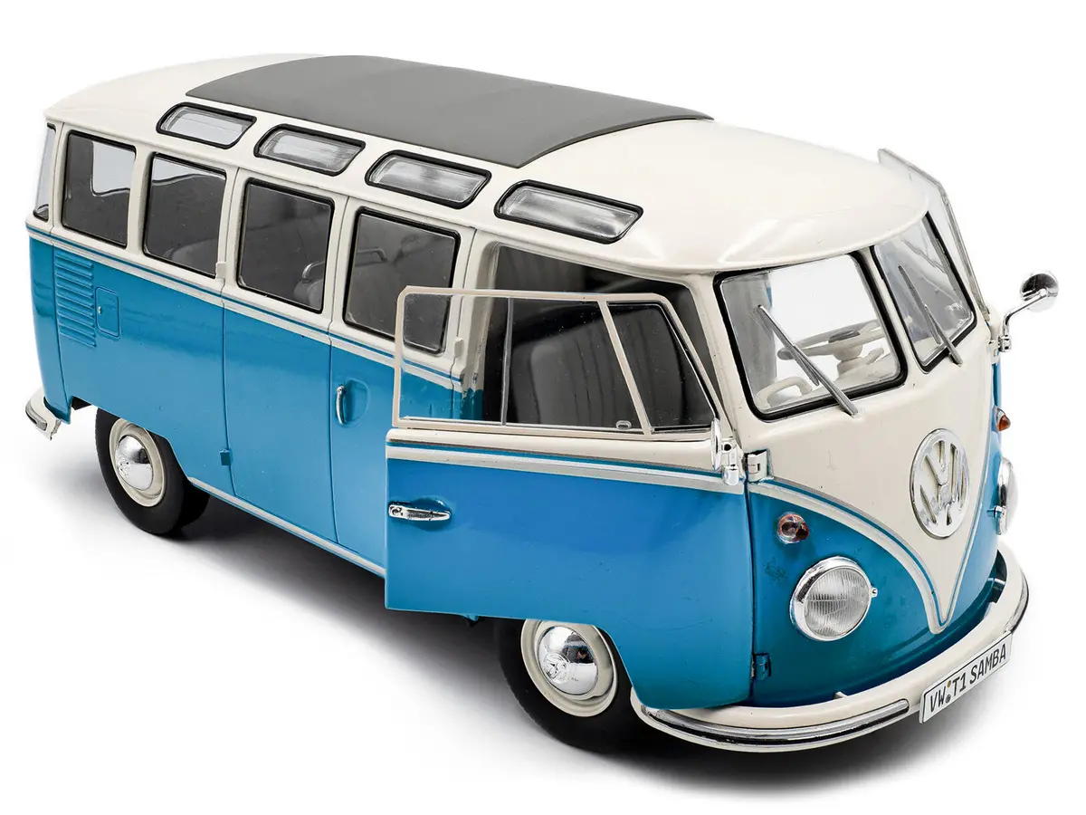 1962 Volkswagen T1 Samba Bus Baby Blue And White 1/18 Diecast Model By Solido 2
