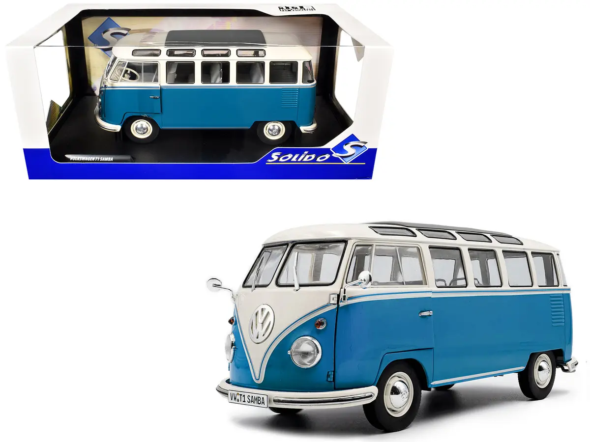 1962 Volkswagen T1 Samba Bus Baby Blue And White 1/18 Diecast Model By Solido 1