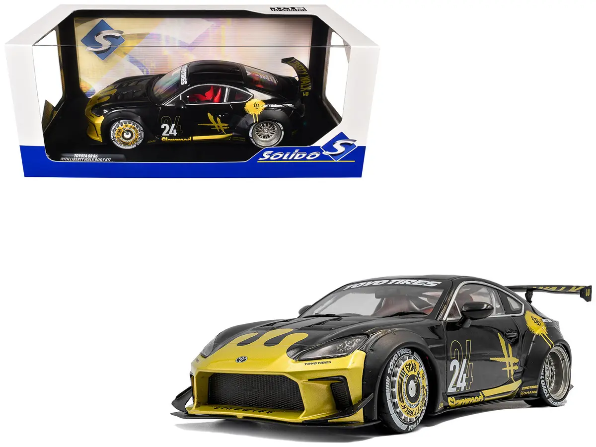 2024 Toyota Gr86 Liberty Walk Body Kit Rhd (Right Hand Drive) #24 Black With Gold Graphics 1/18 Diecast Model Car By Solido 1
