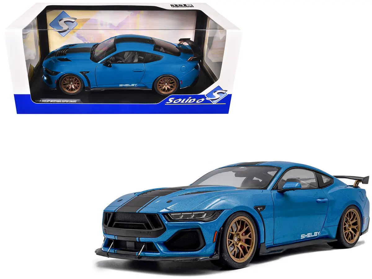 2024 Ford Shelby Mustang Super Snake Grabber Blue Metallic With Black Stripes 1/18 Diecast Model Car By Solido 1