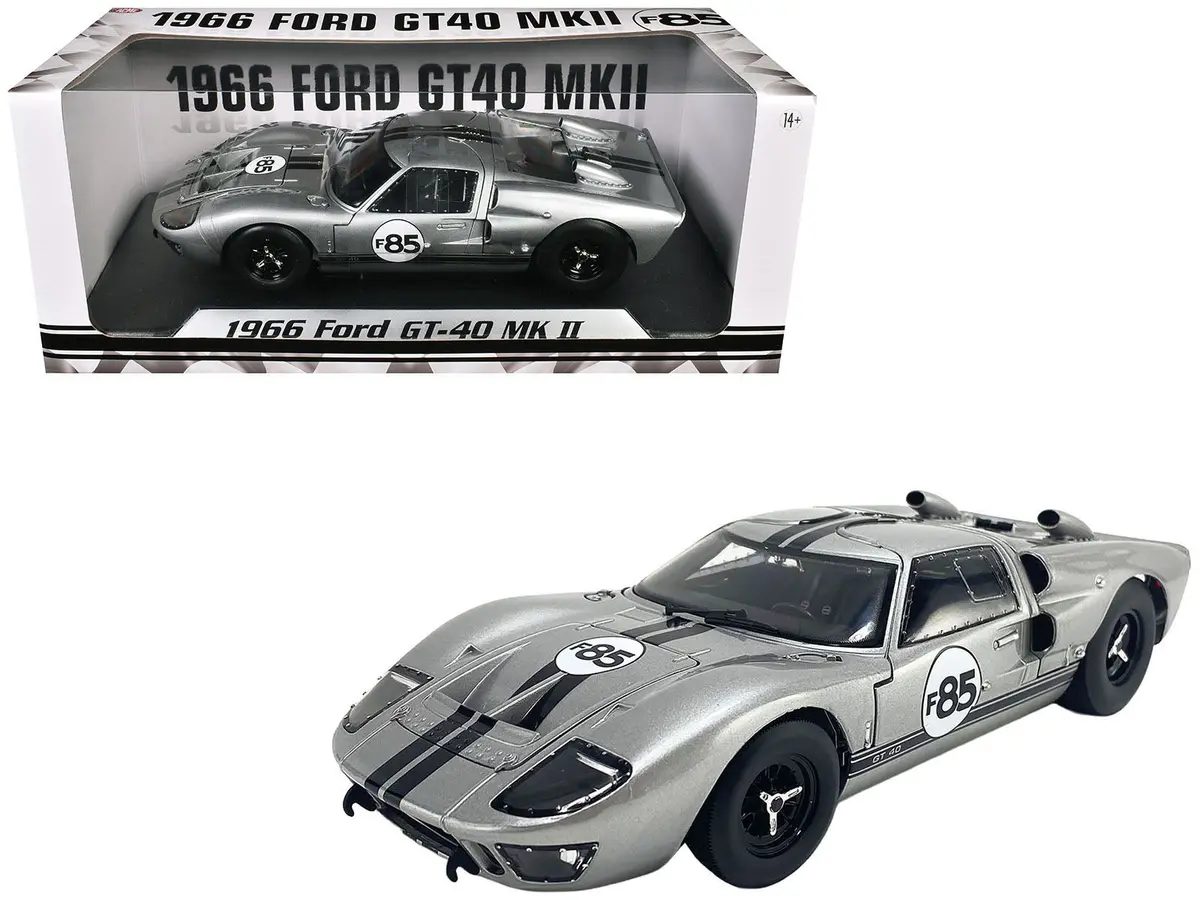 1966 Ford Gt-40 Mkii #F85 Silver Metallic With Black Stripes 1/18 Diecast Model Car By Acme 1