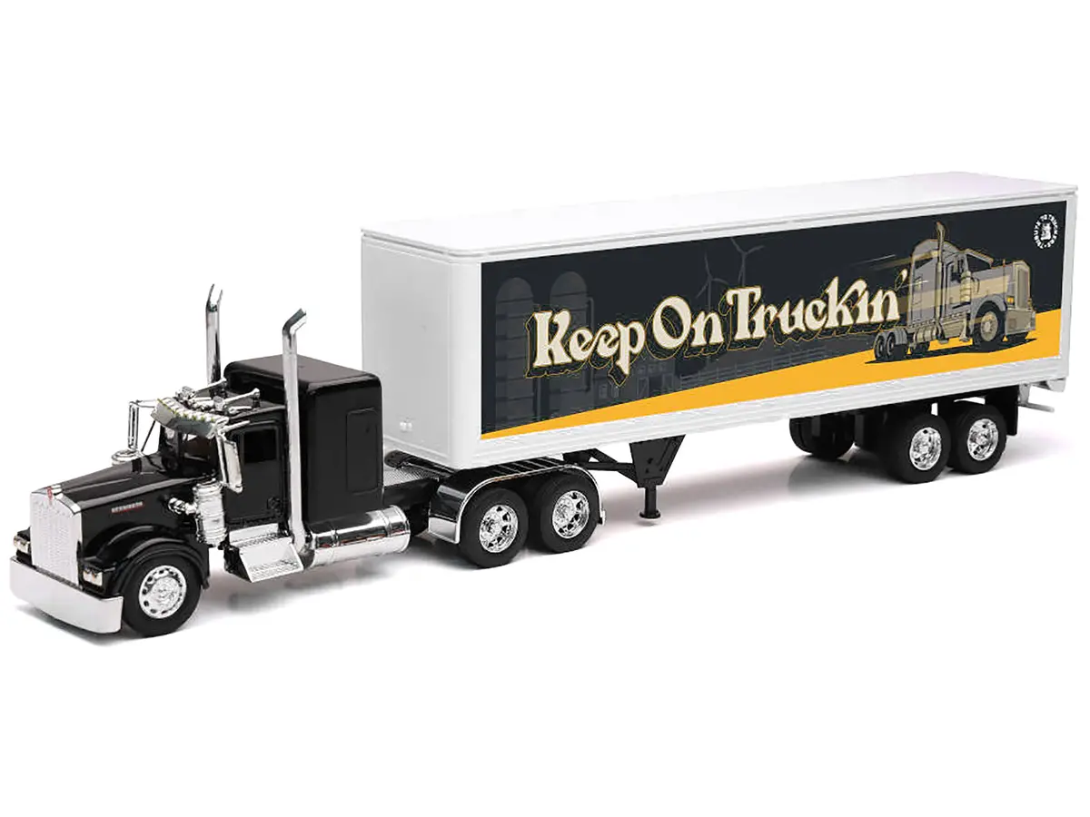 Kenworth W900 Truck Black With Dry Van Trailer "Tribute To Truckers Keep On Truckin'" "Long Haul Truckers" Series 1/32 Diecast Model By New Ray 2