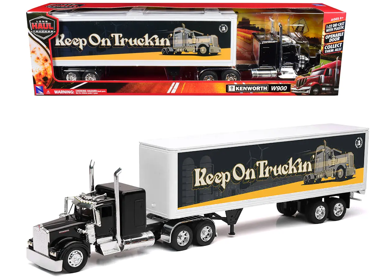 Kenworth W900 Truck Black With Dry Van Trailer "Tribute To Truckers Keep On Truckin'" "Long Haul Truckers" Series 1/32 Diecast Model By New Ray 1