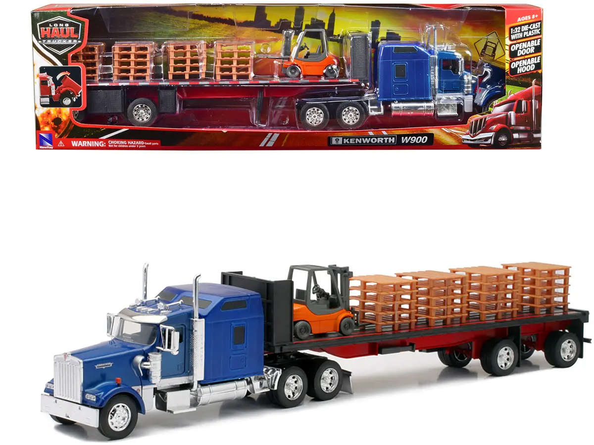 Kenworth W900 Truck With Flatbed Trailer Blue With Forklift And Pallets "Long Haul Truckers" Series 1/32 Diecast Model By New Ray 1