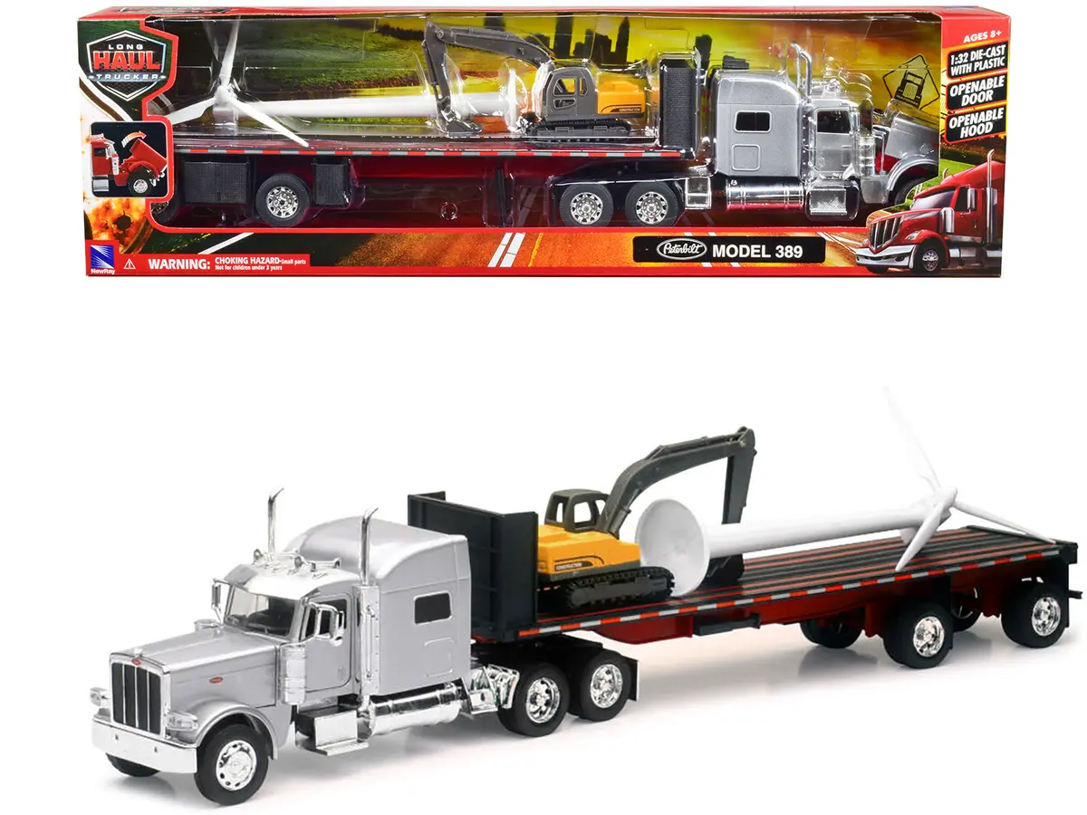 Peterbilt 389 Truck With Flatbed Trailer Silver Metallic With Excavator And Wind Turbine "Long Haul Truckers" Series 1/32 Diecast Model By New Ray 1