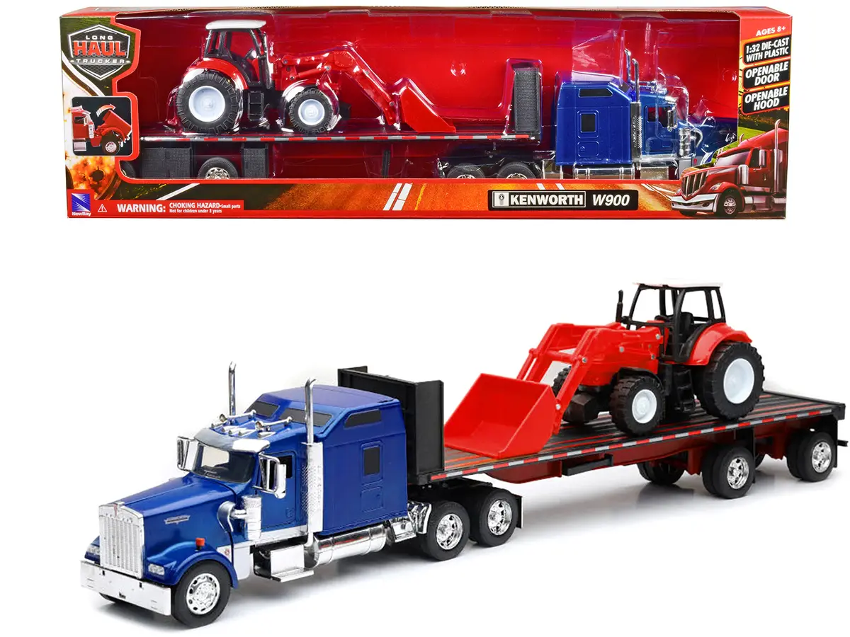 Kenworth W900 Truck With Flatbed Trailer Blue Metallic With Farm Tractor Red "Long Haul Truckers" Series 1/32 Diecast Model By New Ray 1