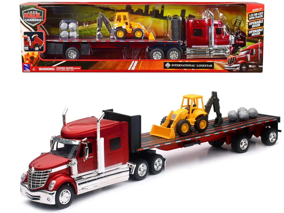 International Lonestar Truck With Flatbed Trailer Red Metallic With Front Loader And Rocks "Long Haul Truckers" Series 1/32 Diecast Model By New Ray 1