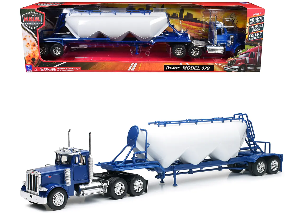 Peterbilt 379 Truck Blue With Pneumatic Tanker Trailer White "Long Haul Truckers" Series 1/32 Diecast Model By New Ray 1