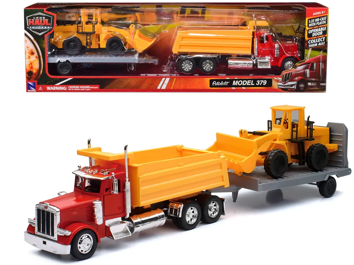 Peterbilt 379 Dump Truck Red And Wheel Loader Yellow With Flatbed Trailer "Long Haul Truckers" Series 1/32 Diecast Model By New Ray 1
