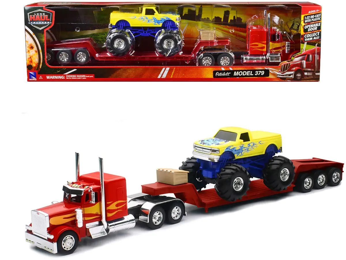 Peterbilt 379 Truck With Lowboy Trailer Red With Orange Flames And Monster Truck Yellow With Blue Flames "Long Haul Truckers" Series 1/32 Diecast Model By New Ray 1