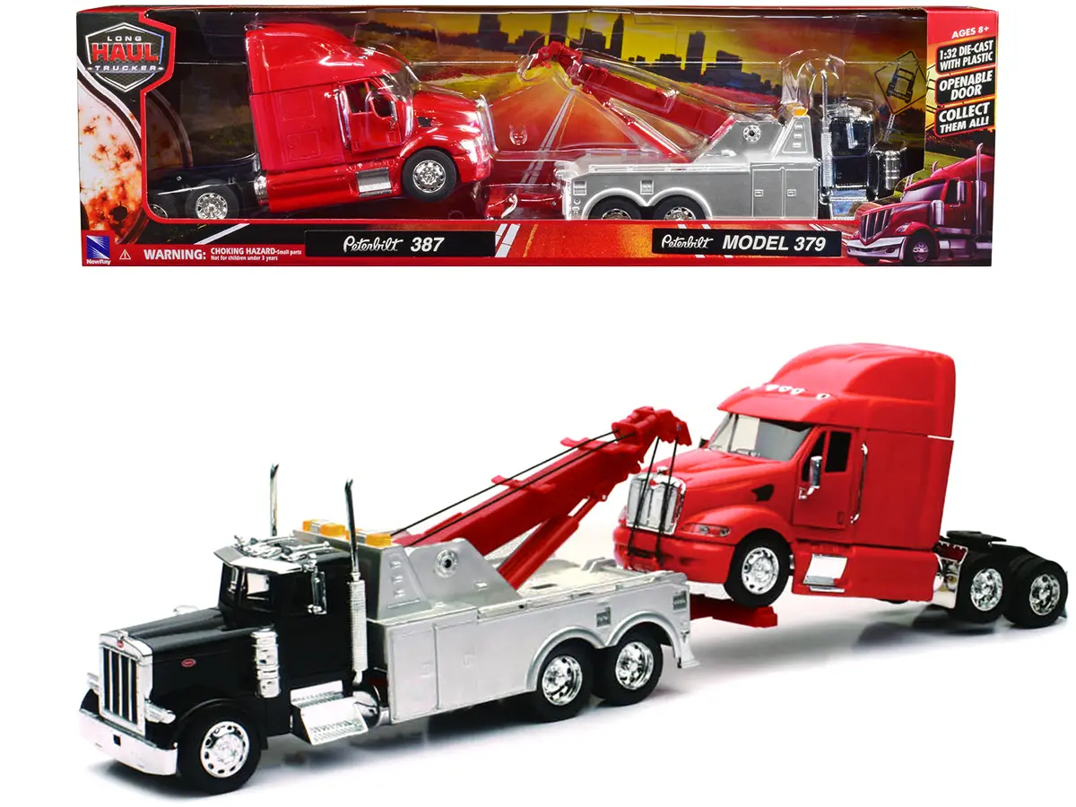 Peterbilt 379 Tow Truck Black With Peterbilt 387 Truck Tractor Red (2 Piece Set) 1/32 Diecast Model By New Ray 1