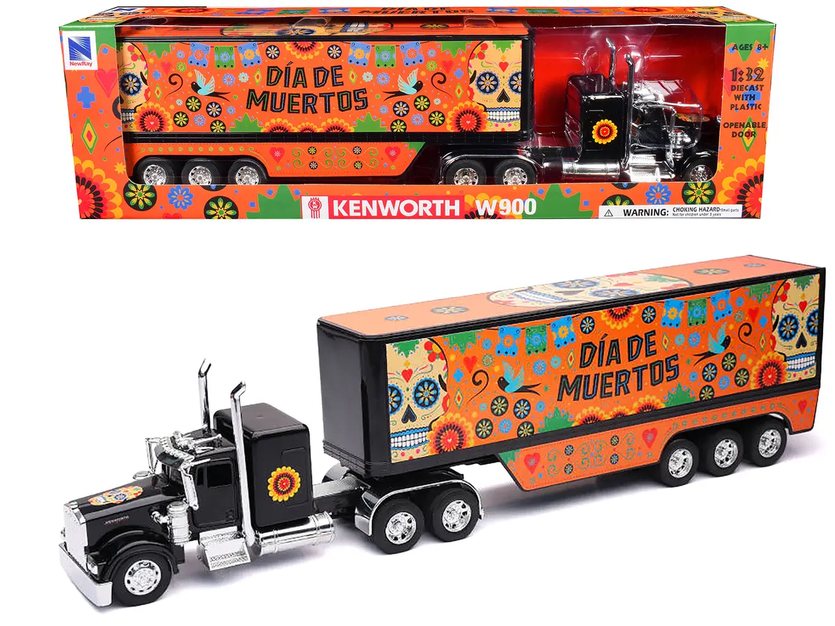 Kenworth W900 Truck Black With Graphics And Dry Van Trailer "Dia De Muertos" 1/32 Diecast Model By New Ray 1