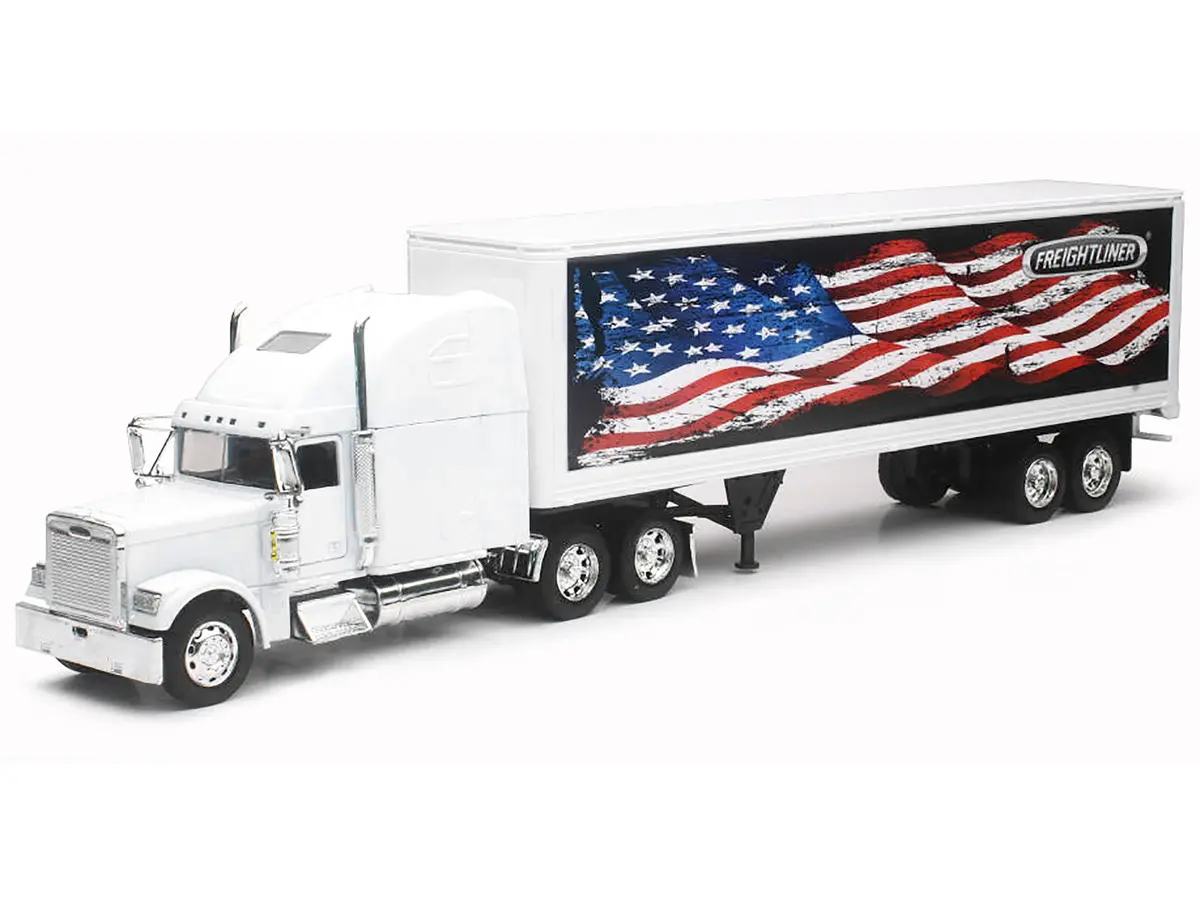 Freightliner Classic Xl Truck White With Dry Van Trailer White With Patriotic Graphic "Long Haul Truckers" Series 1/32 Diecast Model By New Ray 2