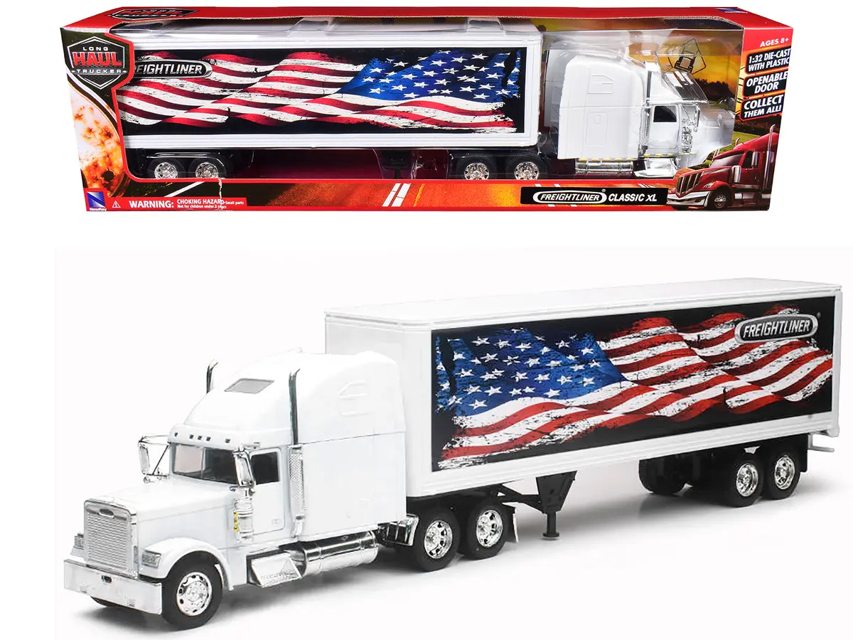 Freightliner Classic Xl Truck White With Dry Van Trailer White With Patriotic Graphic "Long Haul Truckers" Series 1/32 Diecast Model By New Ray 1