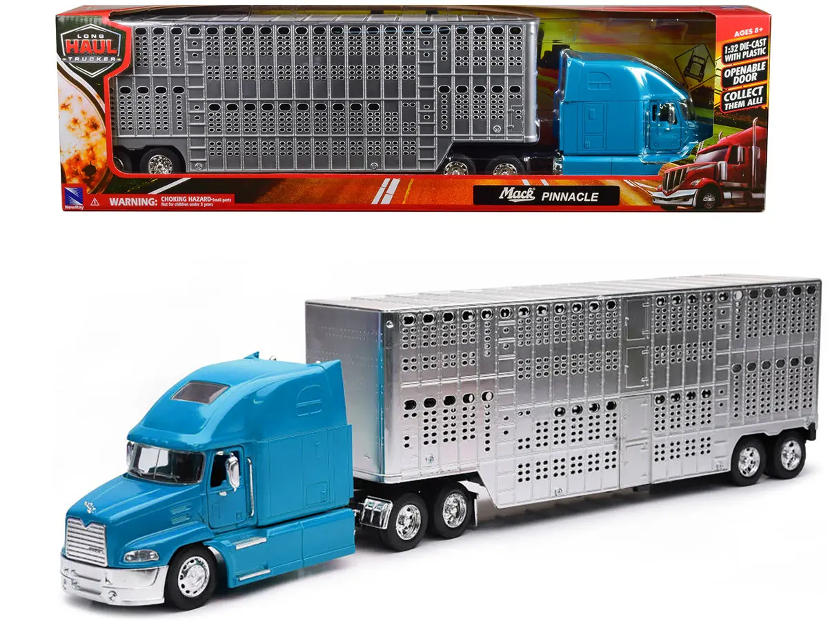 Mack Pinnacle Truck With Pot Belly Livestock Trailer Blue And Chrome "Long Haul Truckers" Series 1/32 Diecast Model By New Ray 1