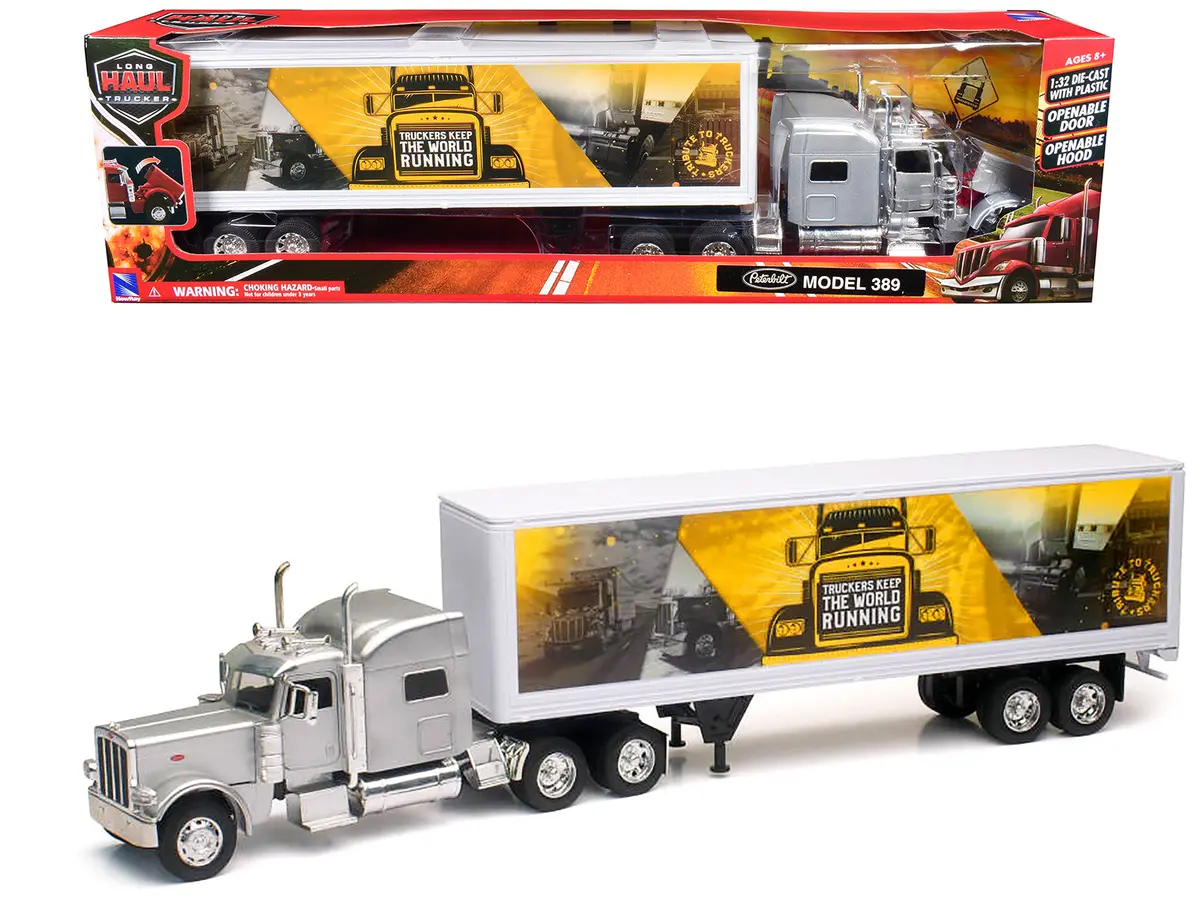 Peterbilt 389 Truck Silver Metallic With Dry Van Trailer "Trucker Keep The World Running" "Long Haul Truckers" Series 1/32 Diecast Model By New Ray 1