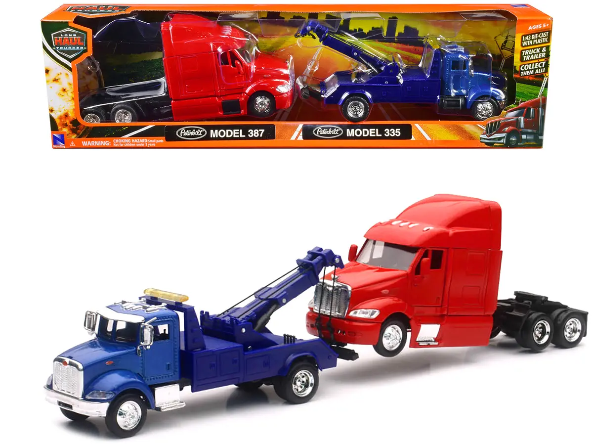 Peterbilt Model 335 Tow Truck Blue And Peterbilt Model 387 Cab Red (2 Piece Set) 1/43 By New Ray 1