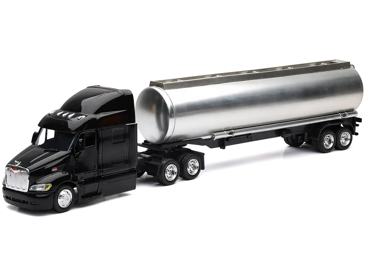 Peterbilt 387 Truck Black With Tanker Trailer Silver "Long Haul Truckers" Series 1/43 Diecast Model By New Ray 2