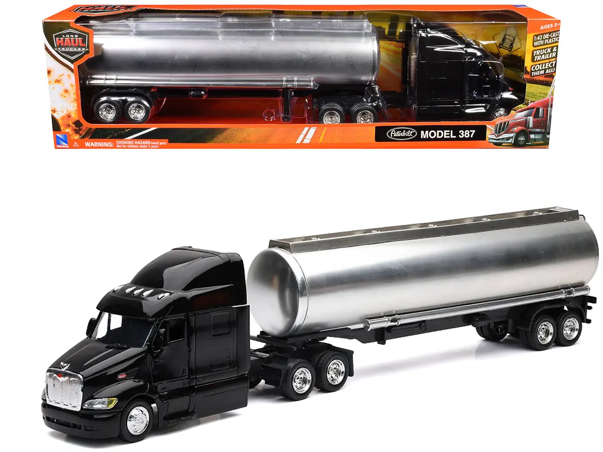 Peterbilt 387 Truck Black With Tanker Trailer Silver "Long Haul Truckers" Series 1/43 Diecast Model By New Ray 1