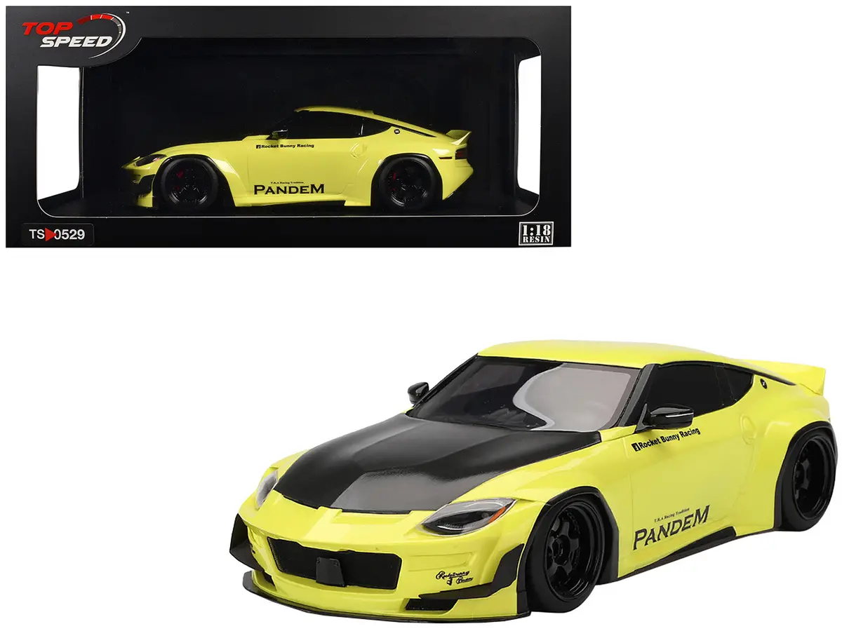 Nissan Z (Rz34) "Pandem" Ikazuchi Yellow With Matte Black Hood 1/18 Model Car By Top Speed 1