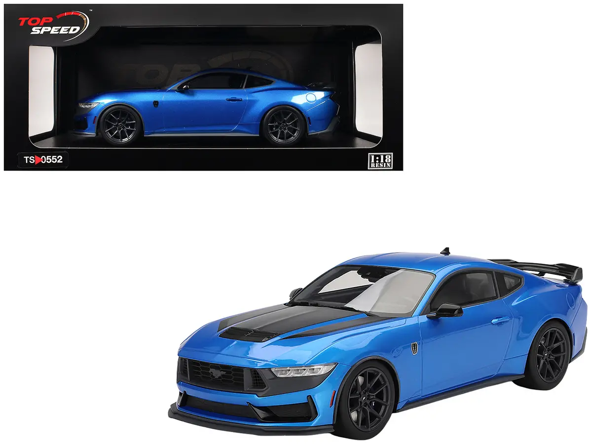 2024 Ford Mustang Dark Horse Grabber Blue Metallic With Black Hood Stripes 1/18 Model Car By Top Speed 1