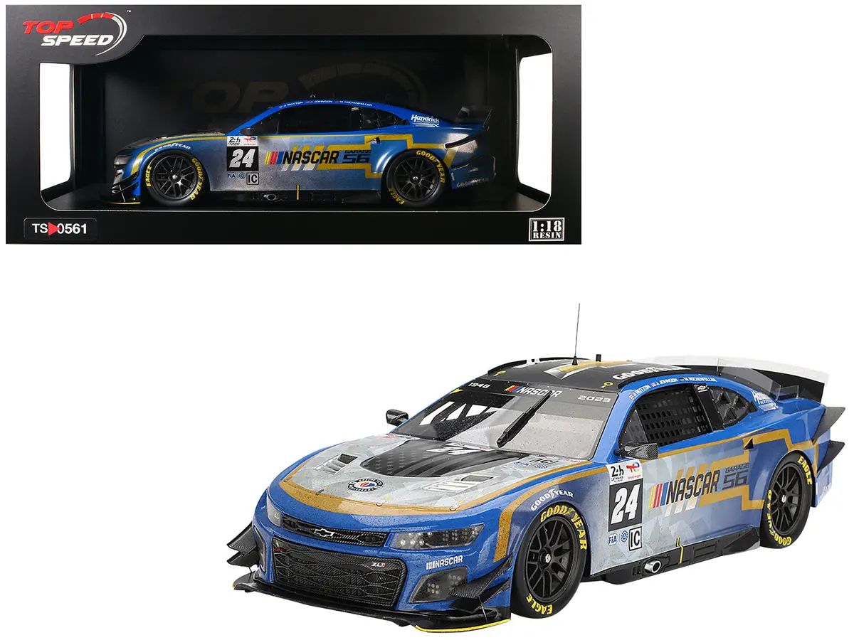Chevrolet Camaro Zl1 #24 Jenson Button - Jimmie Johnson - Mike Rockenfeller (Post-Race Weathered Version) "Hendrick Motorsports - Nascar Next Gen Garage 56" Innovative "24 Hours Of Le Mans" (2023) 1/18 Model Car By Top Speed 1