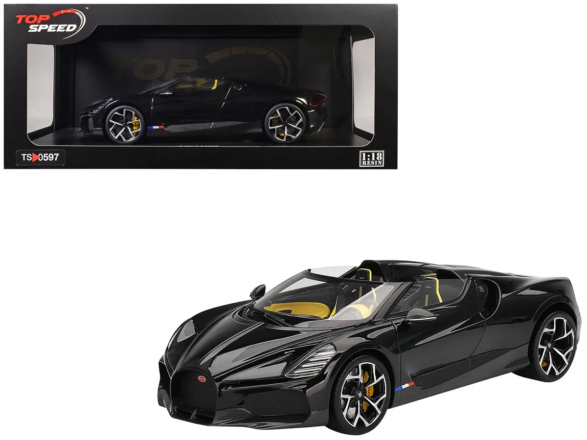 Bugatti W16 Mistral Black With Yellow Interior 1/18 Model Car By Top Speed 1