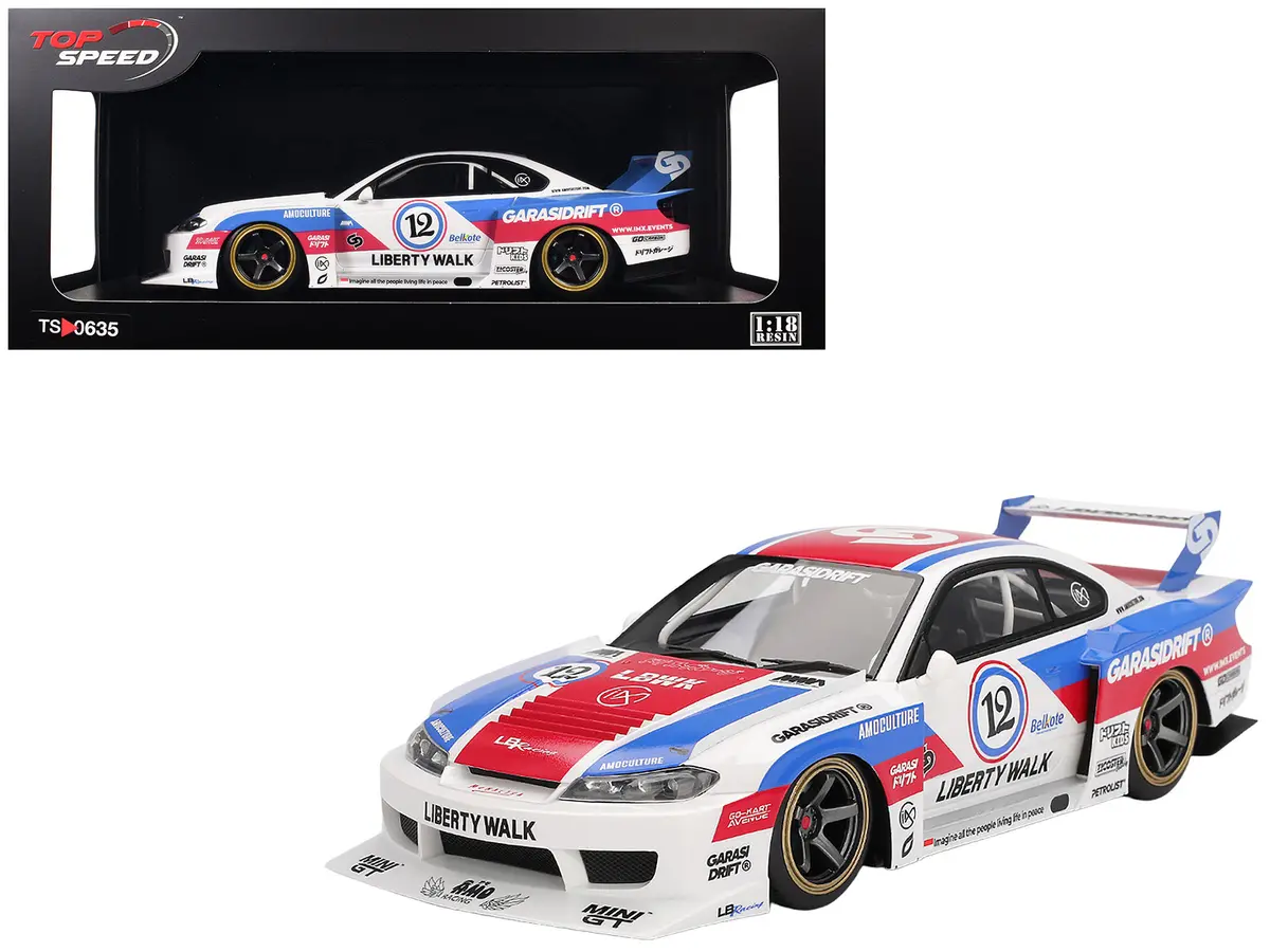 Nissan "Lb-Super Silhouette" S15 Silvia Rhd (Right Hand Drive) #12 "Garasidrift" White With Red And Blue Graphics 1/18 Model Car By Top Speed 1