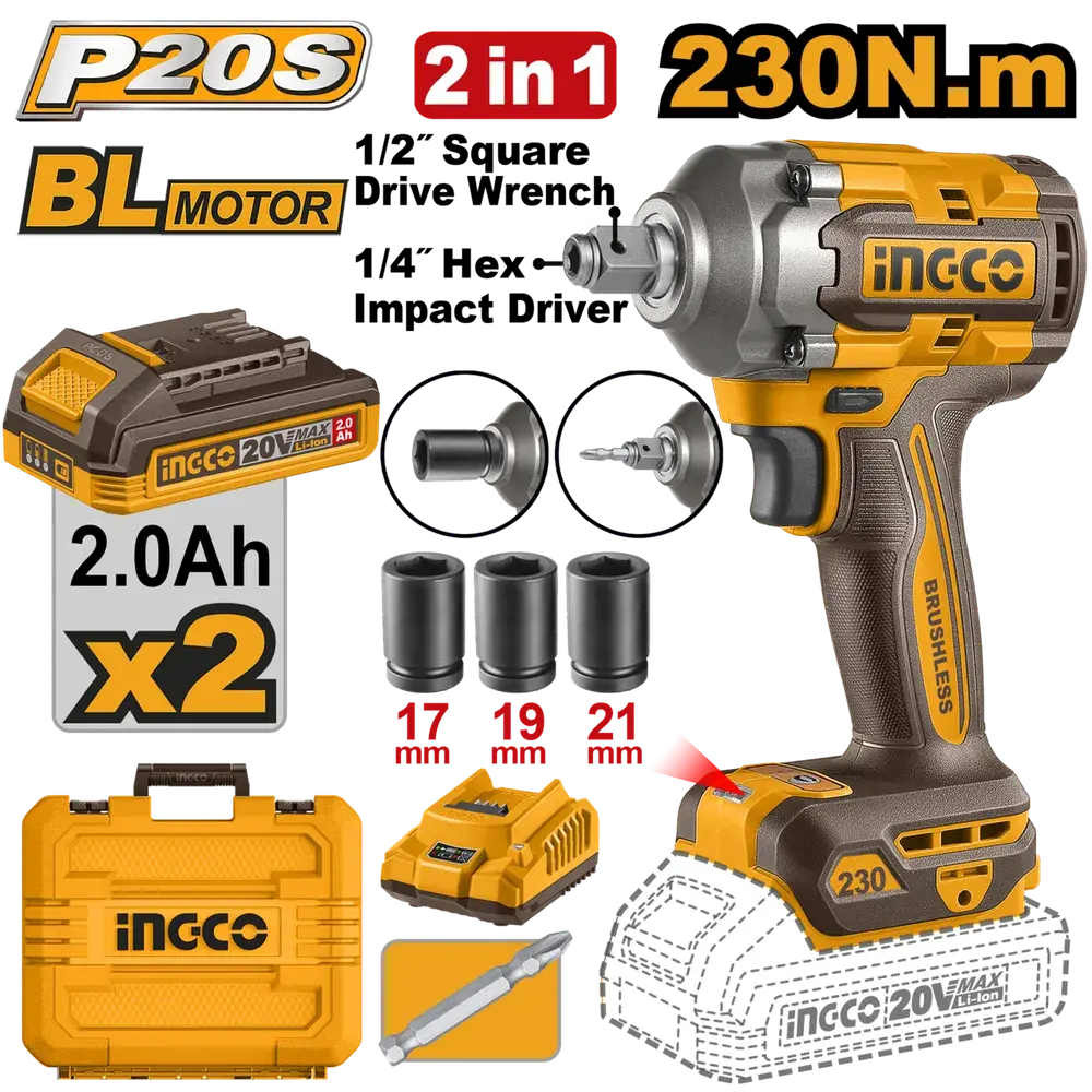 Impact Driver/Wrench Cordless 𝑃20ˢ 1/2" Set Ingco 2